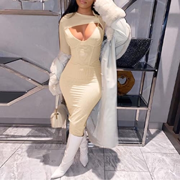 Elainone Sexy Cut Out Front Long Sleeve Pencil Dress for Women Bodycon Keyhole Bandage Party Night Out Midi Dress Clubwear Khaki S