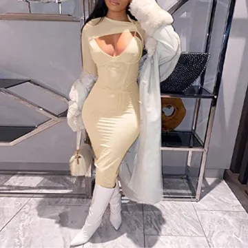 Elainone Sexy Cut Out Front Long Sleeve Pencil Dress for Women Bodycon Keyhole Bandage Party Night Out Midi Dress Clubwear Khaki S