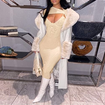 Elainone Sexy Cut Out Front Long Sleeve Pencil Dress for Women Bodycon Keyhole Bandage Party Night Out Midi Dress Clubwear Khaki S