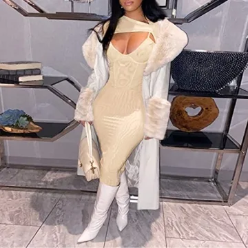 Elainone Sexy Cut Out Front Long Sleeve Pencil Dress for Women Bodycon Keyhole Bandage Party Night Out Midi Dress Clubwear Khaki S