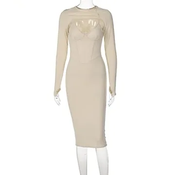 Elainone Sexy Cut Out Front Long Sleeve Pencil Dress for Women Bodycon Keyhole Bandage Party Night Out Midi Dress Clubwear Khaki S