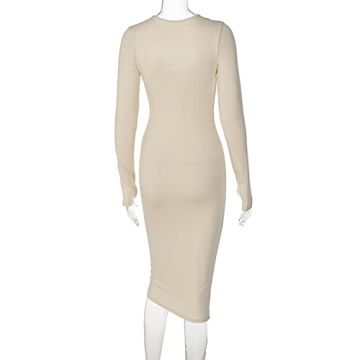 Elainone Sexy Cut Out Front Long Sleeve Pencil Dress for Women Bodycon Keyhole Bandage Party Night Out Midi Dress Clubwear Khaki S