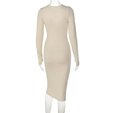Elainone Sexy Cut Out Front Long Sleeve Pencil Dress for Women Bodycon Keyhole Bandage Party Night Out Midi Dress Clubwear Khaki S