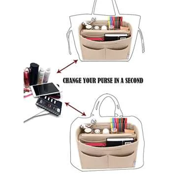LEXSION Felt Purse Bag Organizer Insert with zipper Bag Tote Shaper Fit Speedy Neverful PM MM 8021 Beige XL