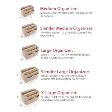 LEXSION Felt Purse Bag Organizer Insert with zipper Bag Tote Shaper Fit Speedy Neverful PM MM 8021 Beige XL