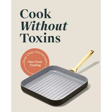Caraway Square Grill Pan - 11” Grill Pan - Non-Stick Ceramic Coated - Non Toxic, PTFE & PFOA Free - Oven Safe & Compatible with All Stovetops - Black
