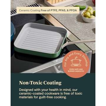 Caraway Square Grill Pan - 11” Grill Pan - Non-Stick Ceramic Coated - Non Toxic, PTFE & PFOA Free - Oven Safe & Compatible with All Stovetops - Black