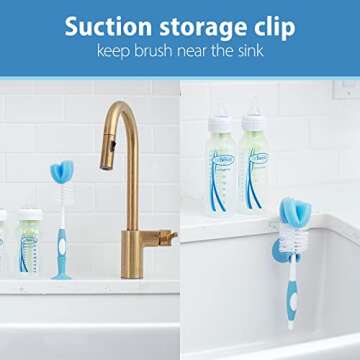 Dr. Brown's Reusable Sponge Baby Bottle Cleaning Brush with Suction Cup Stand, Scrubber and Nipple Cleaner, Blue 1-Pack