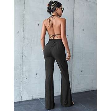 WDIRARA Women's 2 Piece Ribbed Halter Top Flare Pants Set