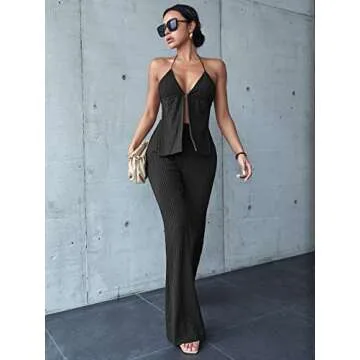 WDIRARA Women's 2 Piece Ribbed Halter Top Flare Pants Set