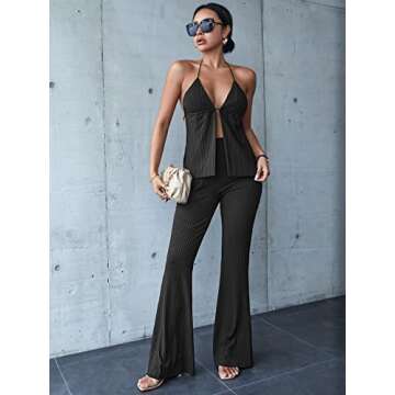 WDIRARA Women's 2 Piece Ribbed Halter Top Flare Pants Set