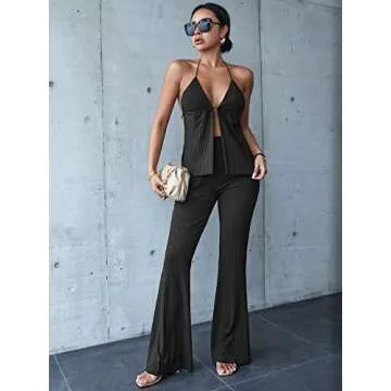 WDIRARA Women's 2 Piece Ribbed Halter Top Flare Pants Set