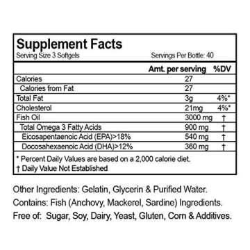 Ultra Pure Omega 3 Fish Oil (Triple Strength - 3000mg Per Serving) 120 Softgels High EPA and DHA Fatty Acids Supplement 3 x 1000 mg - 120 Pills