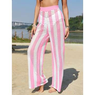Fisoew Womens Crochet Cover Up Pants Striped High Waisted Sexy Sheer Mesh Knit Summer Beach Swimsuit Coverup Pants Pink and White