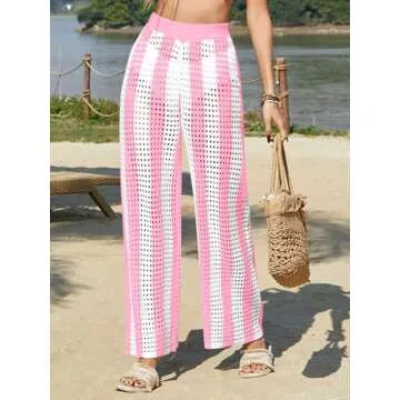 Fisoew Womens Crochet Cover Up Pants Striped High Waisted Sexy Sheer Mesh Knit Summer Beach Swimsuit Coverup Pants Pink and White