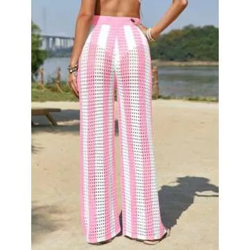 Fisoew Womens Crochet Cover Up Pants Striped High Waisted Sexy Sheer Mesh Knit Summer Beach Swimsuit Coverup Pants Pink and White