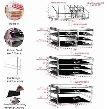 Cq acrylic Large 9 Tier Clear Acrylic Makeup Organizer Cosmetic Storage Cube Case with 10 Drawers-4 Piece Set