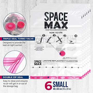 Small 6 Pack | SPACE MAX Premium Space Saver Vacuum Storage Bags - Save 80% More Storage Space - Reusable, Double Zip Seal & Leak Valve, Includes Travel Hand Pump