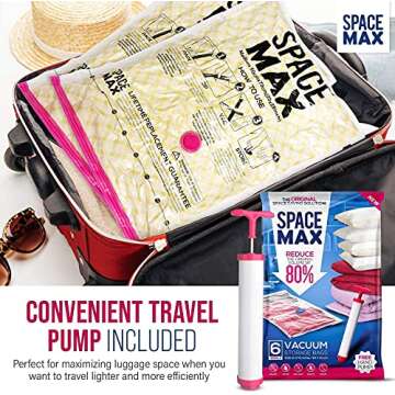 Small 6 Pack | SPACE MAX Premium Space Saver Vacuum Storage Bags - Save 80% More Storage Space - Reusable, Double Zip Seal & Leak Valve, Includes Travel Hand Pump