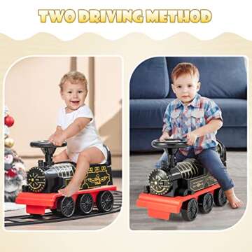 OLAKIDS Kids Ride On Train with Track, 6V Electric Toy with Lights and Sounds, Retractable Footrest,...
