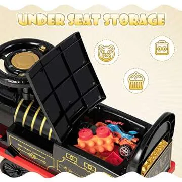 OLAKIDS Kids Ride On Train with Track, 6V Electric Toy with Lights and Sounds, Retractable Footrest, Under Seat Storage, Christmas Theme Battery Powered Gift for Toddlers Boys Girls (Retro Style)