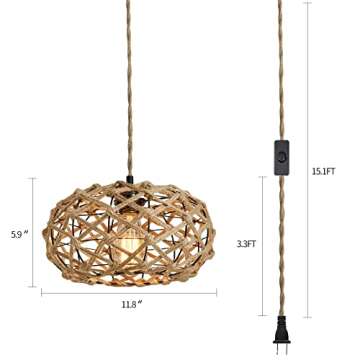 AMZASA Plug in Pendant Light Boho Woven Haning Lamp With15.1FT Hemp Rope Cord,On/Off Switch Retro Coastal Wicker Rattan Cage Hanging Light for Kitchen Island Bedroom Living Room