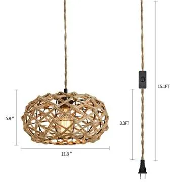 AMZASA Plug in Pendant Light Boho Woven Haning Lamp With15.1FT Hemp Rope Cord,On/Off Switch Retro Coastal Wicker Rattan Cage Hanging Light for Kitchen Island Bedroom Living Room