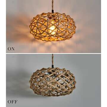 AMZASA Plug in Pendant Light Boho Woven Haning Lamp With15.1FT Hemp Rope Cord,On/Off Switch Retro Coastal Wicker Rattan Cage Hanging Light for Kitchen Island Bedroom Living Room