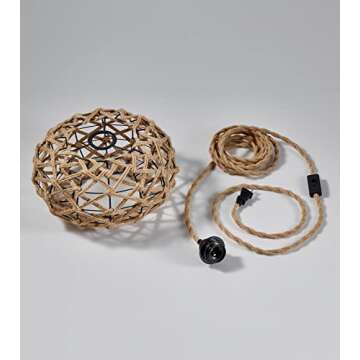 AMZASA Plug in Pendant Light Boho Woven Haning Lamp With15.1FT Hemp Rope Cord,On/Off Switch Retro Coastal Wicker Rattan Cage Hanging Light for Kitchen Island Bedroom Living Room