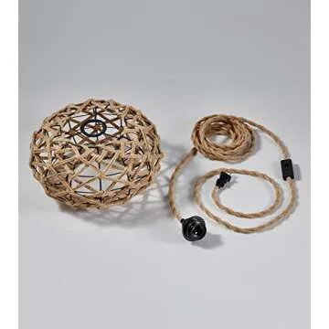 AMZASA Plug in Pendant Light Boho Woven Haning Lamp With15.1FT Hemp Rope Cord,On/Off Switch Retro Coastal Wicker Rattan Cage Hanging Light for Kitchen Island Bedroom Living Room