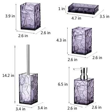 Purple Acrylic Bathroom Accessory Set, 5 Pcs Bathroom Accessories Set with Lotion Dispenser,Soap Dish,Tumbler,Toothbrush Holder,Toilet Brush Set, Elegant Bathroom Decor and Housewarming Gift Set