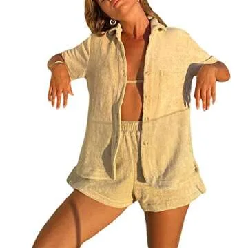 NUFIWI Women's Summer Casual 2 Piece Outfits Set Short Sleeve Collar Button T-Shirt Top Bodycon Shorts Set Y2K Streetwear (Khaki, S)