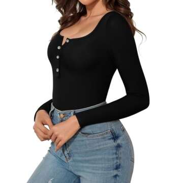 MANGOPOP Women's Henley Shirt Scoop Neck Button Down Ribbed Long Sleeve Bodysuits