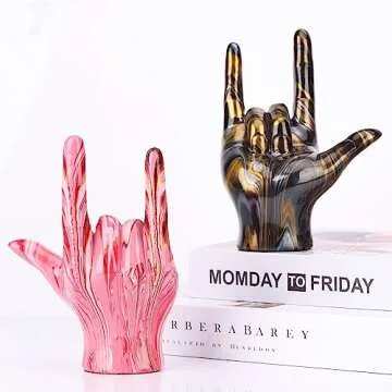 Hand Decor Finger Gesture Statue Pink I Love You Sign Language Desk Statue Modern Art Stand Ring Holder Sculpture Decorative Objects Gifts for Couples Bedroom Shelf Coffee Table Centerpiece Pink