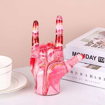 Hand Decor Finger Gesture Statue Pink I Love You Sign Language Desk Statue Modern Art Stand Ring Holder Sculpture Decorative Objects Gifts for Couples Bedroom Shelf Coffee Table Centerpiece Pink