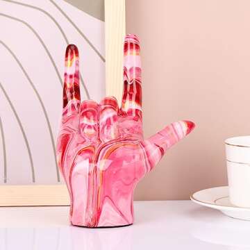 Hand Decor Finger Gesture Statue Pink I Love You Sign Language Desk Statue Modern Art Stand Ring Holder Sculpture Decorative Objects Gifts for Couples Bedroom Shelf Coffee Table Centerpiece Pink