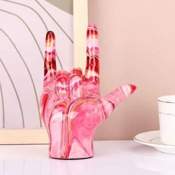 Hand Decor Finger Gesture Statue Pink I Love You Sign Language Desk Statue Modern Art Stand Ring Holder Sculpture Decorative Objects Gifts for Couples Bedroom Shelf Coffee Table Centerpiece Pink