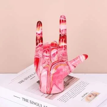 Hand Decor Finger Gesture Statue Pink I Love You Sign Language Desk Statue Modern Art Stand Ring Holder Sculpture Decorative Objects Gifts for Couples Bedroom Shelf Coffee Table Centerpiece Pink