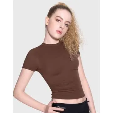 PUMIEY Crop Tops for Women Crew Neck Short Sleeve T Shirts Summer Y2K Going Out Top, Chocolate X-Small