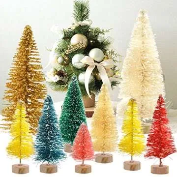 Yookat 40Pcs Mini Pine Trees Artificial Mini Trees with Wood Base Sisal Trees Bottle Brush Trees Assorted Color for Christmas Decoration Winter Ornaments DIY Crafts (Multicolor)