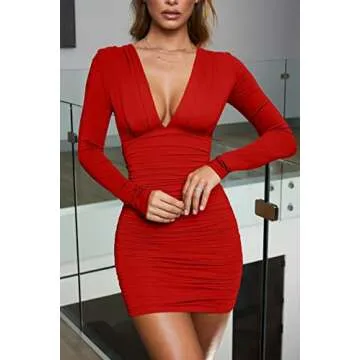 GOBLES Women's Sexy Long Sleeve V Neck Ruched Bodycon Mini Party Cocktail Dress Red