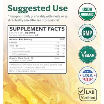USDA Organic Black Cumin Seed Oil Liquid (8 fl oz) Premium Cold-Pressed Nigella Sativa Producing Pure - Antioxidant Supplement - Vegan, Gluten-Free, & Non-GMO (No Pills or Capsules)