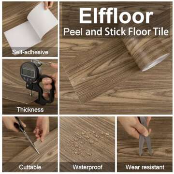 Elffloor Peel and Stick Floor Tile, Self Adhesive Vinyl Flooring Waterproof, Old Wood Grain Look Flooring for Bedroom, Kitchen, Bathroom, 35.4in ×5.9in, 10 Pcs