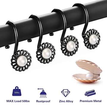 Flower Shower Curtain Hooks, Decorative Shower Curtain Rings, Rust Resistant Metal Shower Hooks for Bathroom, Glide Shower Rings for Shower Curtain and Liner, Set of 12, Black