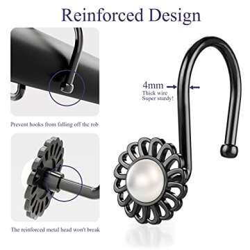 Flower Shower Curtain Hooks, Decorative Shower Curtain Rings, Rust Resistant Metal Shower Hooks for Bathroom, Glide Shower Rings for Shower Curtain and Liner, Set of 12, Black