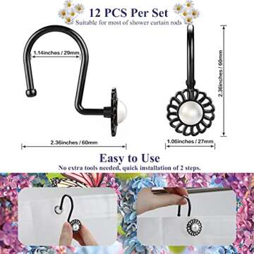 Flower Shower Curtain Hooks, Decorative Shower Curtain Rings, Rust Resistant Metal Shower Hooks for Bathroom, Glide Shower Rings for Shower Curtain and Liner, Set of 12, Black
