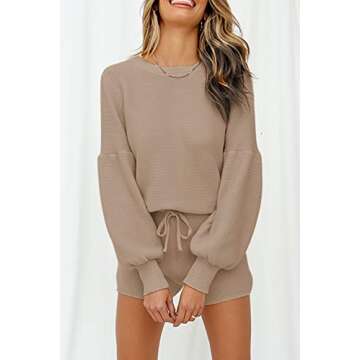 Pink Queen Women's 2 Piece Sweater Short Set Puff Sleeve Pullover Knitted Loungewear Outfits Khaki S