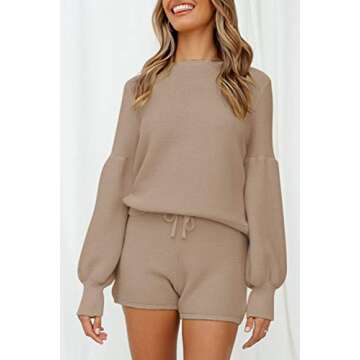 Pink Queen Women's 2 Piece Sweater Short Set Puff Sleeve Pullover Knitted Loungewear Outfits Khaki S