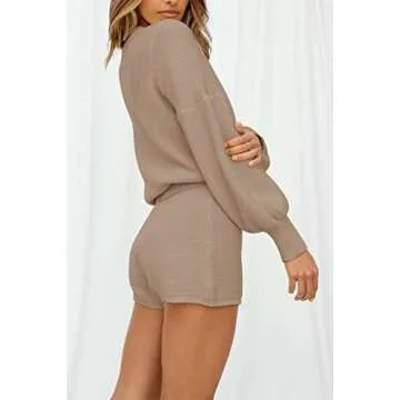 Pink Queen Women's 2 Piece Sweater Short Set Puff Sleeve Pullover Knitted Loungewear Outfits Khaki S
