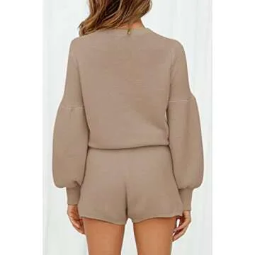 Pink Queen Women's 2 Piece Sweater Short Set Puff Sleeve Pullover Knitted Loungewear Outfits Khaki S